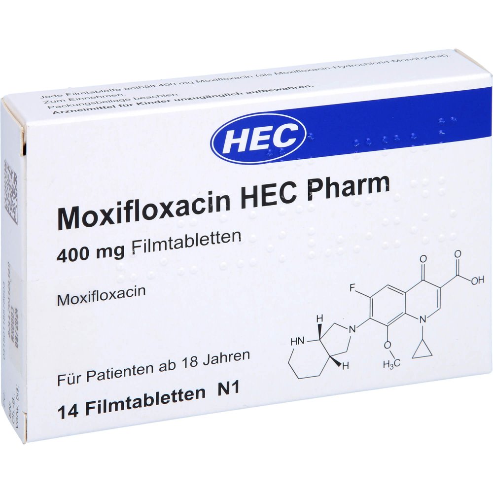Das Produktfoto zeigt Moxifloxacin Hec Pharm 400 Mg Filmtabletten (14 stk) PZN 11857560