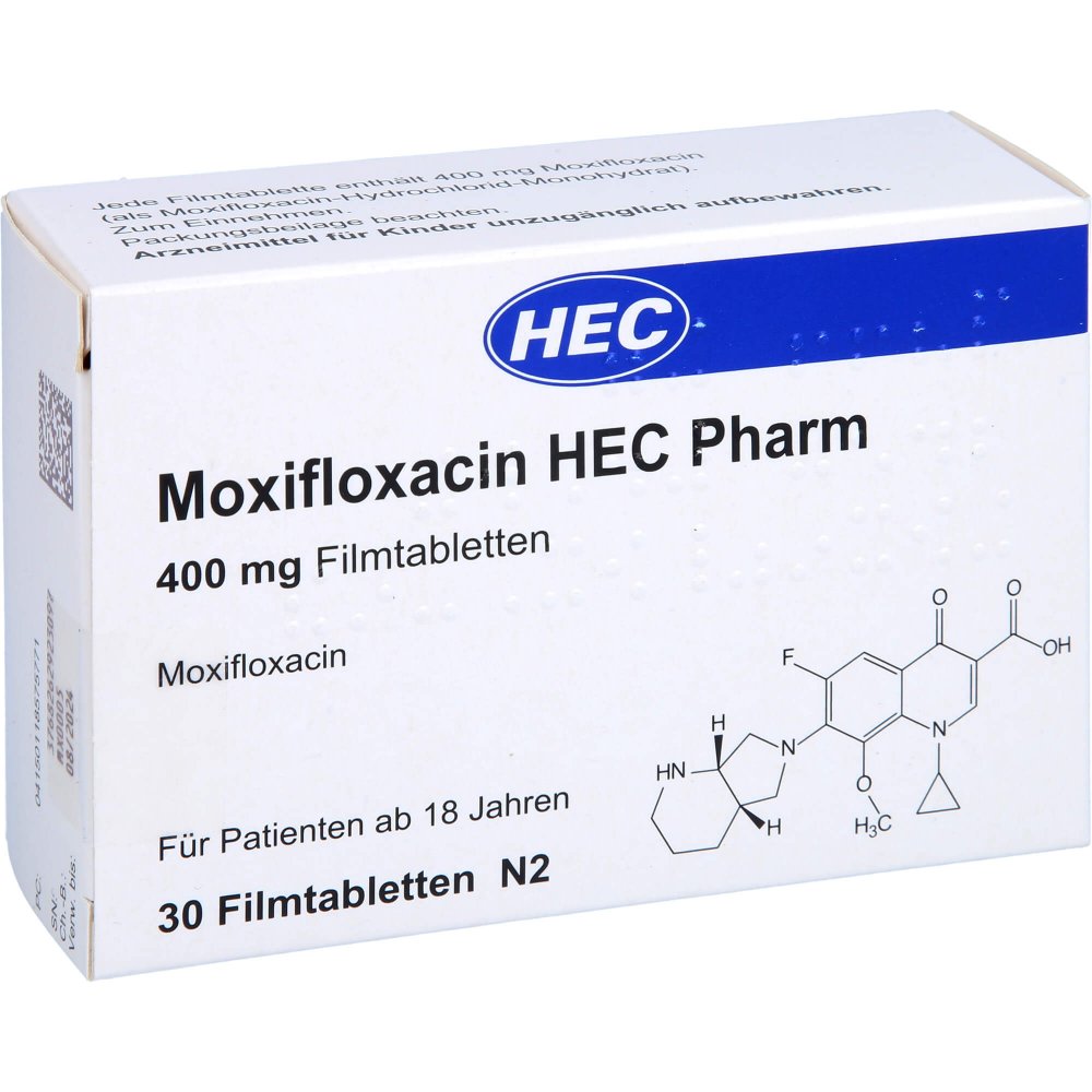 Das Produktfoto zeigt Moxifloxacin Hec Pharm 400 Mg Filmtabletten (30 stk) PZN 11857577