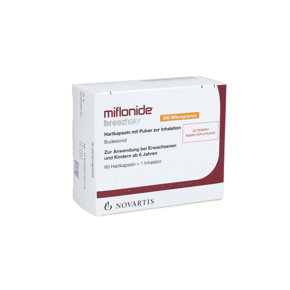 Das Produktfoto zeigt Miflonide Breezhaler 200 Μg Hartkps.M.Plv.Z.Inhal. (60 stk) PZN 11862035