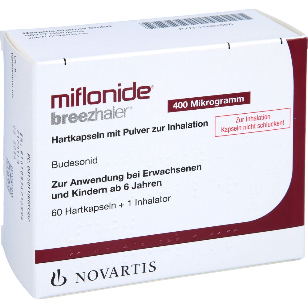 Das Produktfoto zeigt Miflonide Breezhaler 400 Μg Hartkps.M.Plv.Z.Inhal. (60 stk) PZN 11862058