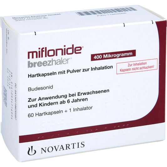 Das Produktfoto zeigt Miflonide Breezhaler 400 Μg Hartkps.M.Plv.Z.Inhal. (60 stk) PZN 11862058