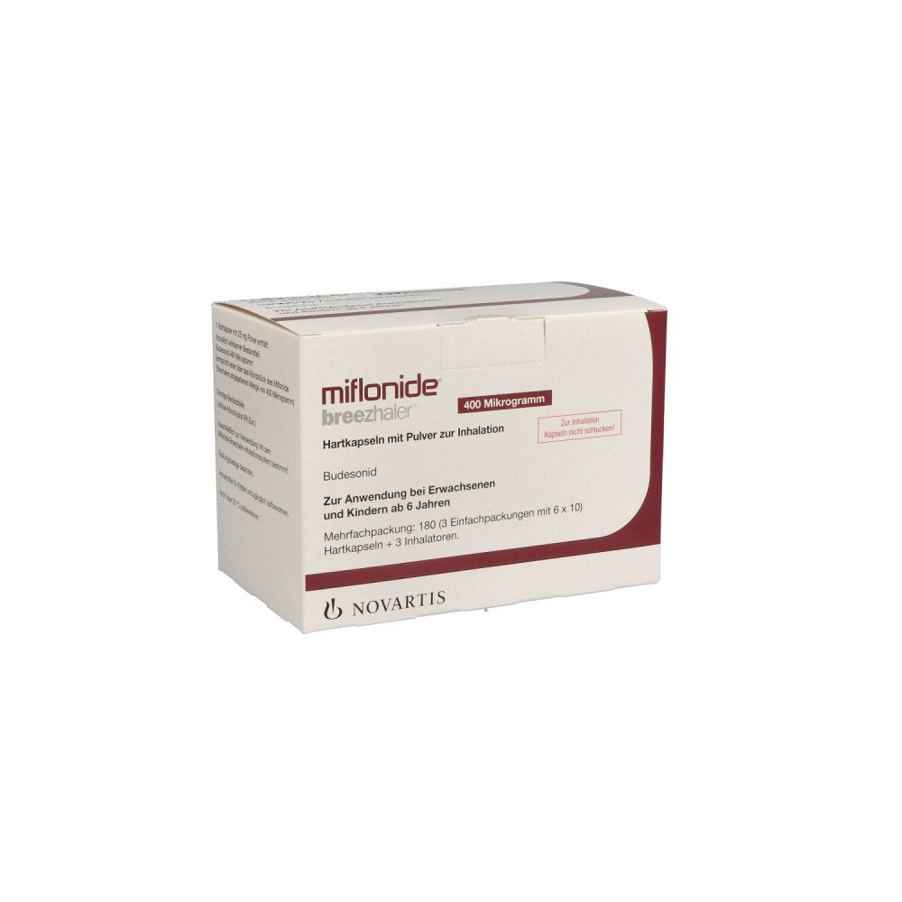 Das Produktfoto zeigt Miflonide Breezhaler 400 Μg Hartkps.M.Plv.Z.Inhal. (3X60 stk) PZN 11862064