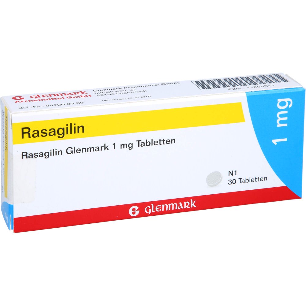 Das Produktfoto zeigt Rasagilin Glenmark 1 Mg Tabletten (30 stk) PZN 11865312