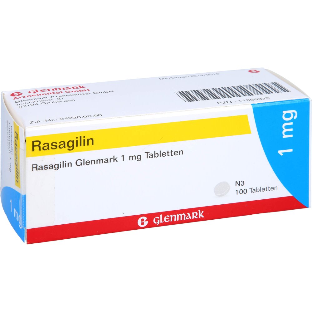 Das Produktfoto zeigt Rasagilin Glenmark 1 Mg Tabletten (100 stk) PZN 11865329