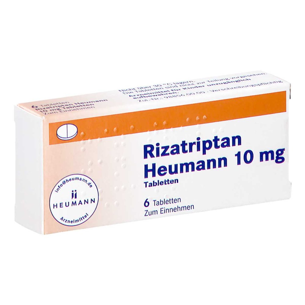 Das Produktfoto zeigt Rizatriptan Heumann 10 Mg Tabletten (6 stk) PZN 11871324