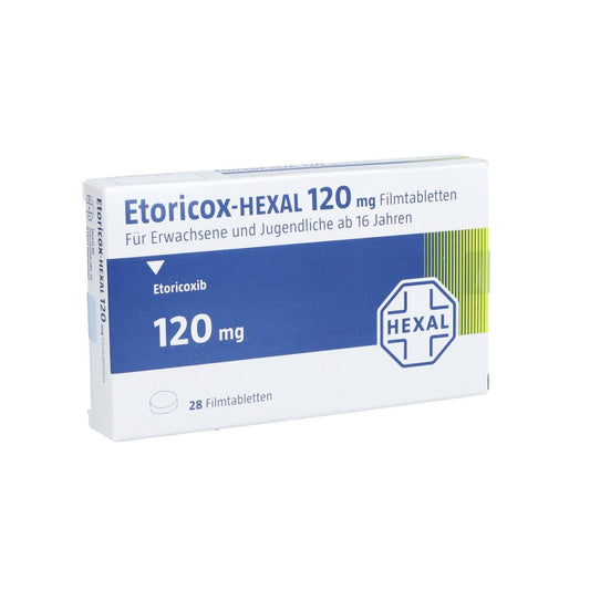 Das Produktfoto zeigt Etoricox-Hexal 120 Mg Filmtabletten (28 stk) PZN 11872358