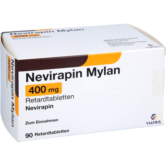 Das Produktfoto zeigt Nevirapin Mylan 400 Mg Retardtabletten (90 stk) PZN 11881156