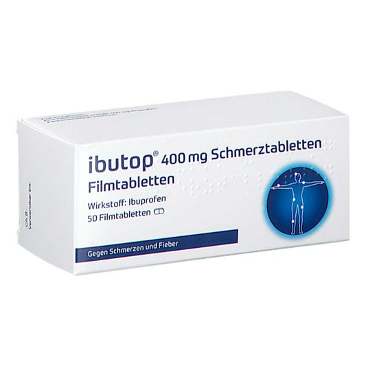 Das Produktfoto zeigt Ibutop 400 Mg Schmerztabletten Filmtabletten (50 stk) PZN 11886142