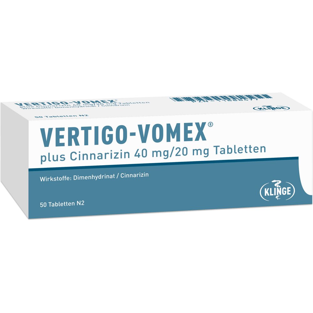 Das Produktfoto zeigt Vertigo Vomex Plus Cinnarizin 40 Mg/20 Mg Tabl. (50 stk) PZN 11888477