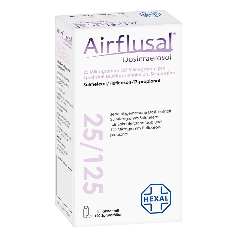 Das Produktfoto zeigt Airflusal Dosieraer.25 Μg/125 Μg/Sprühst.120 Hub (1 stk) PZN 11889956