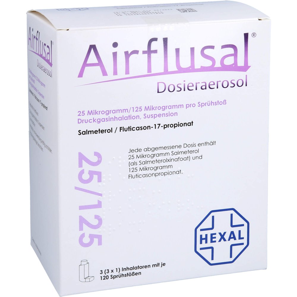 Das Produktfoto zeigt Airflusal Dosieraer.25 Μg/125 Μg/Sprühst.3x120 Hub (3 stk) PZN 11889962