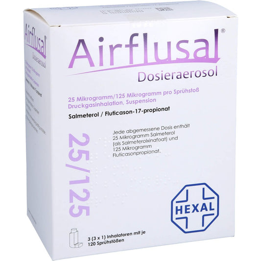 Das Produktfoto zeigt Airflusal Dosieraer.25 Μg/125 Μg/Sprühst.3x120 Hub (3 stk) PZN 11889962