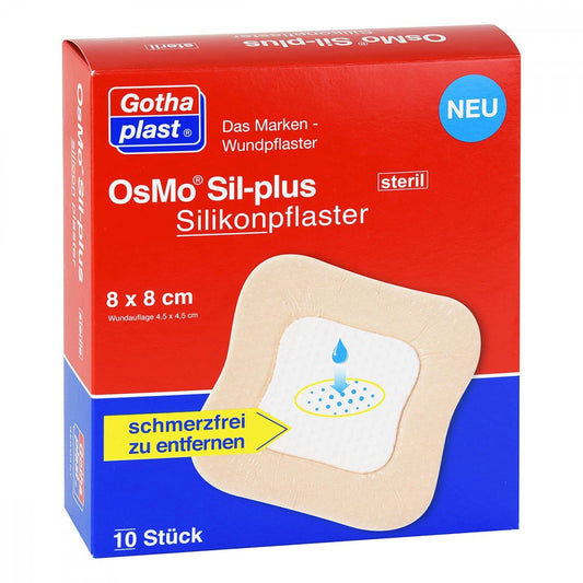 Das Produktfoto zeigt Osmo Sil-Plus Silikonpflaster 8x8 Cm Steril (10 stk) PZN 11896962