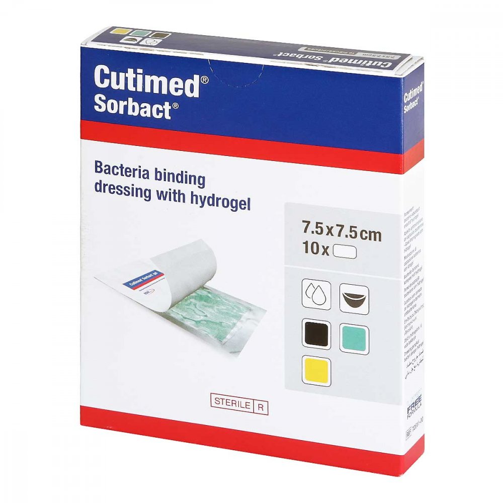 Das Produktfoto zeigt Cutimed Sorbact Gel Kompressen 7,5x7,5 Cm (10 stk) PZN 12143087