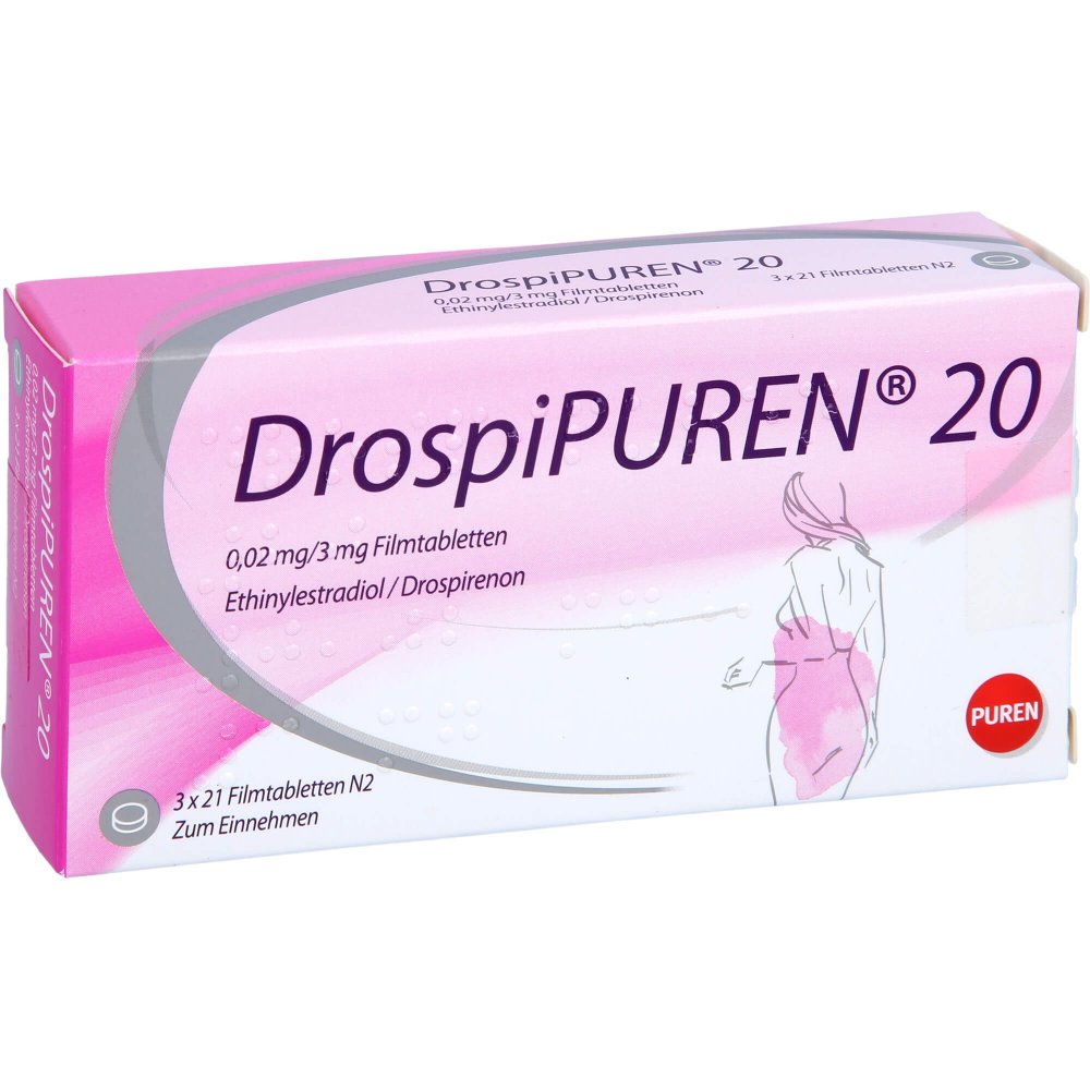 Das Produktfoto zeigt Drospipuren 20 0,02 Mg/3 Mg Filmtabletten (3X21 stk) PZN 12202571