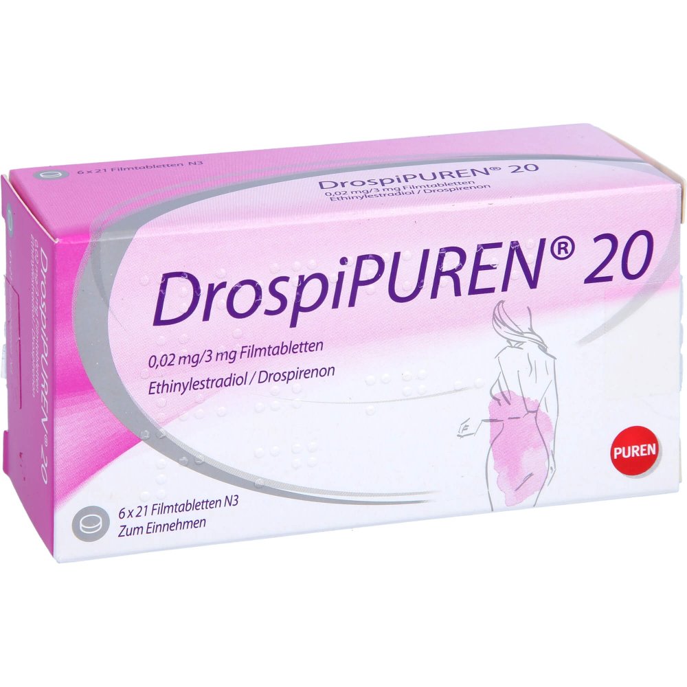 Das Produktfoto zeigt Drospipuren 20 0,02 Mg/3 Mg Filmtabletten (6X21 stk) PZN 12202588