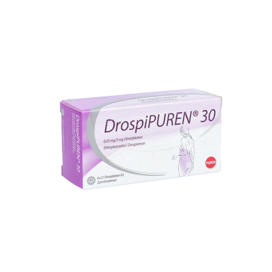 Das Produktfoto zeigt Drospipuren 30 0,03 Mg/3 Mg Filmtabletten (6X21 stk) PZN 12202648