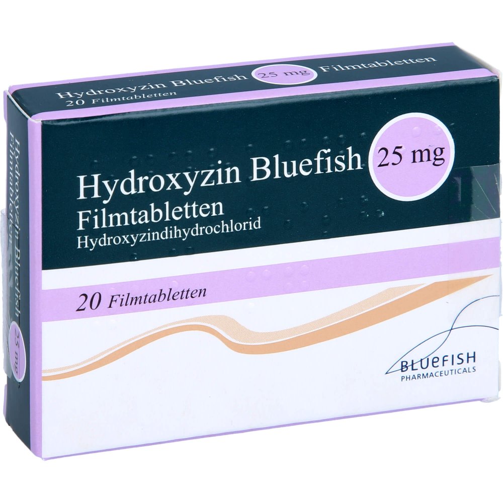 Das Produktfoto zeigt Hydroxyzin Bluefish 25 Mg Filmtabletten (20 stk) PZN 12344236