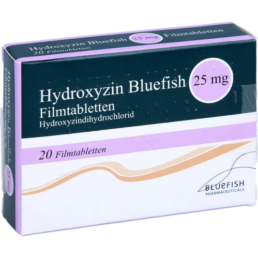 Das Produktfoto zeigt Hydroxyzin Bluefish 25 Mg Filmtabletten (20 stk) PZN 12344236