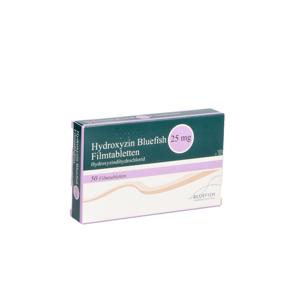 Das Produktfoto zeigt Hydroxyzin Bluefish 25 Mg Filmtabletten (50 stk) PZN 12344242