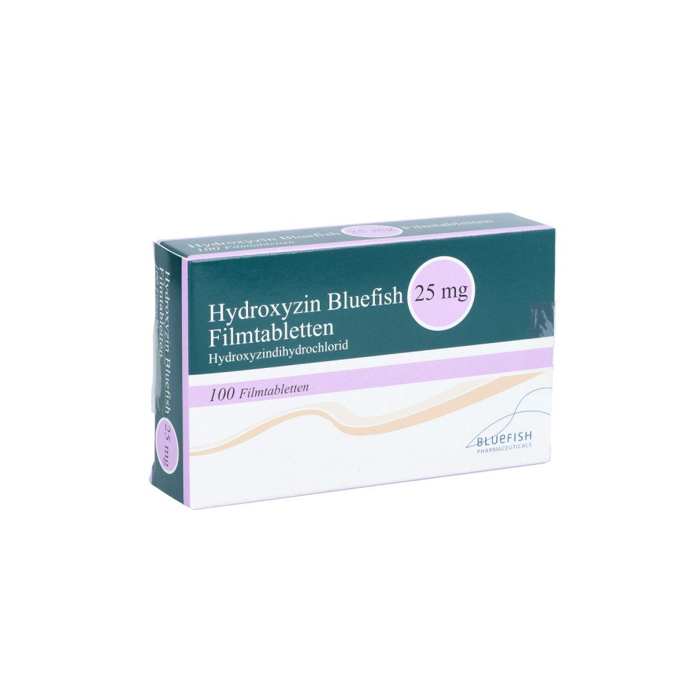 Das Produktfoto zeigt Hydroxyzin Bluefish 25 Mg Filmtabletten (100 stk) PZN 12344259