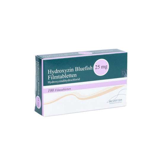 Das Produktfoto zeigt Hydroxyzin Bluefish 25 Mg Filmtabletten (100 stk) PZN 12344259