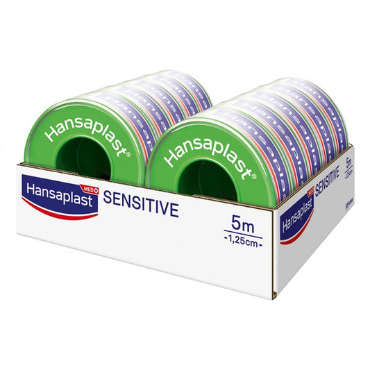 Das Produktfoto zeigt Hansaplast Fixierpfl.Sensitive 1,25 Cmx5 M Schub (1 stk) PZN 12347424