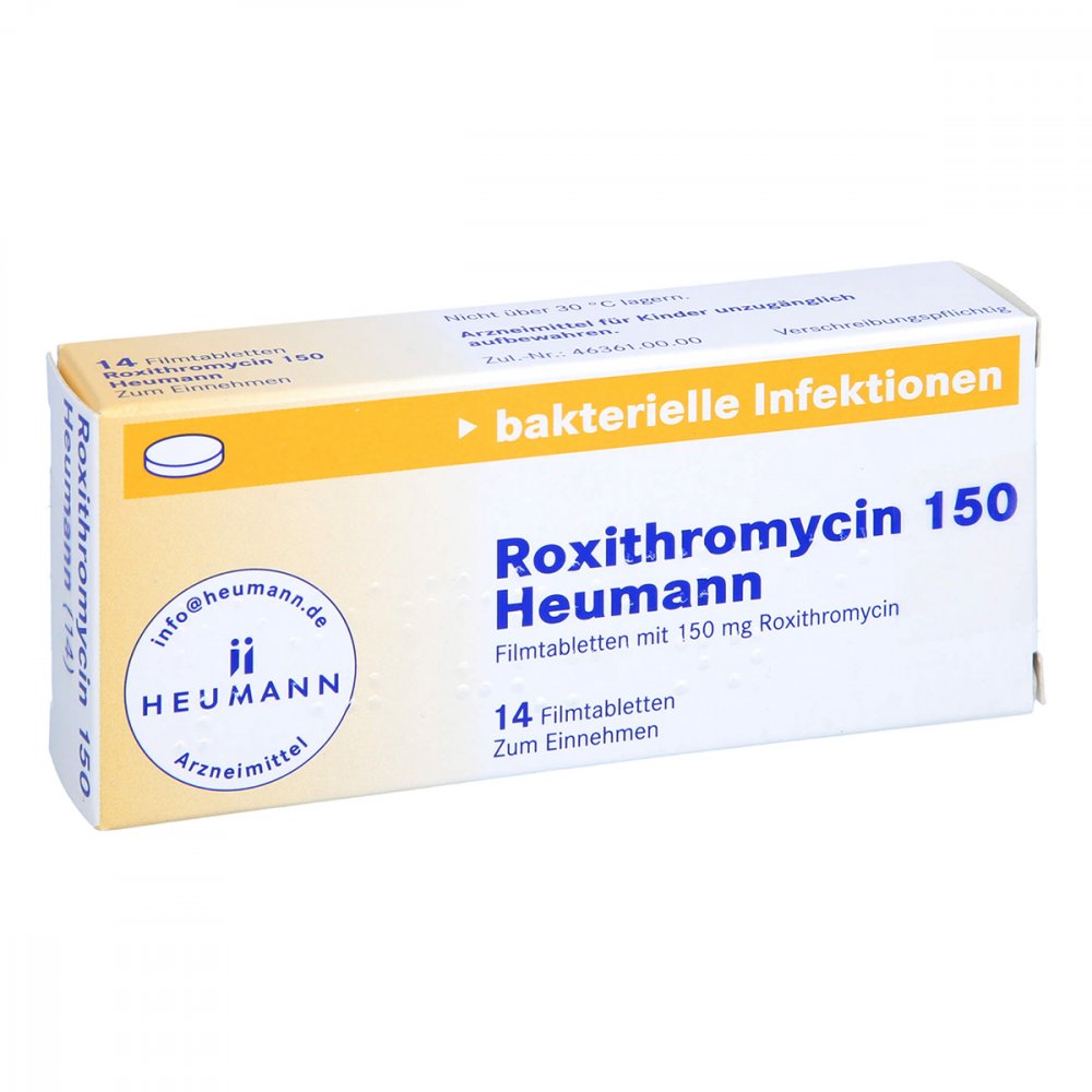 Das Produktfoto zeigt Roxithromycin 150 Heumann Filmtabletten (14 stk) PZN 12350343