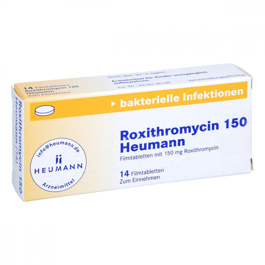 Das Produktfoto zeigt Roxithromycin 150 Heumann Filmtabletten (14 stk) PZN 12350343