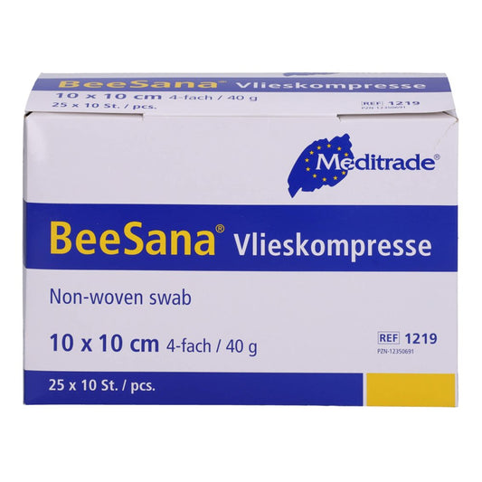 Das Produktfoto zeigt Vlieskompressen Steril 10x10 Cm 4fach (25X10 stk) PZN 12350691