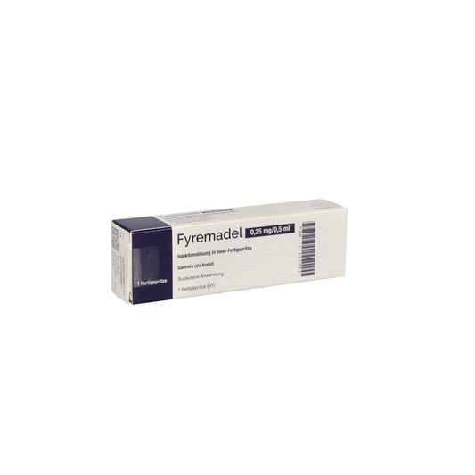 Das Produktfoto zeigt Fyremadel 0,25 Mg/0,5 Ml Inj.-Lsg.I.E.Fertigspr. (1 stk) PZN 12352052