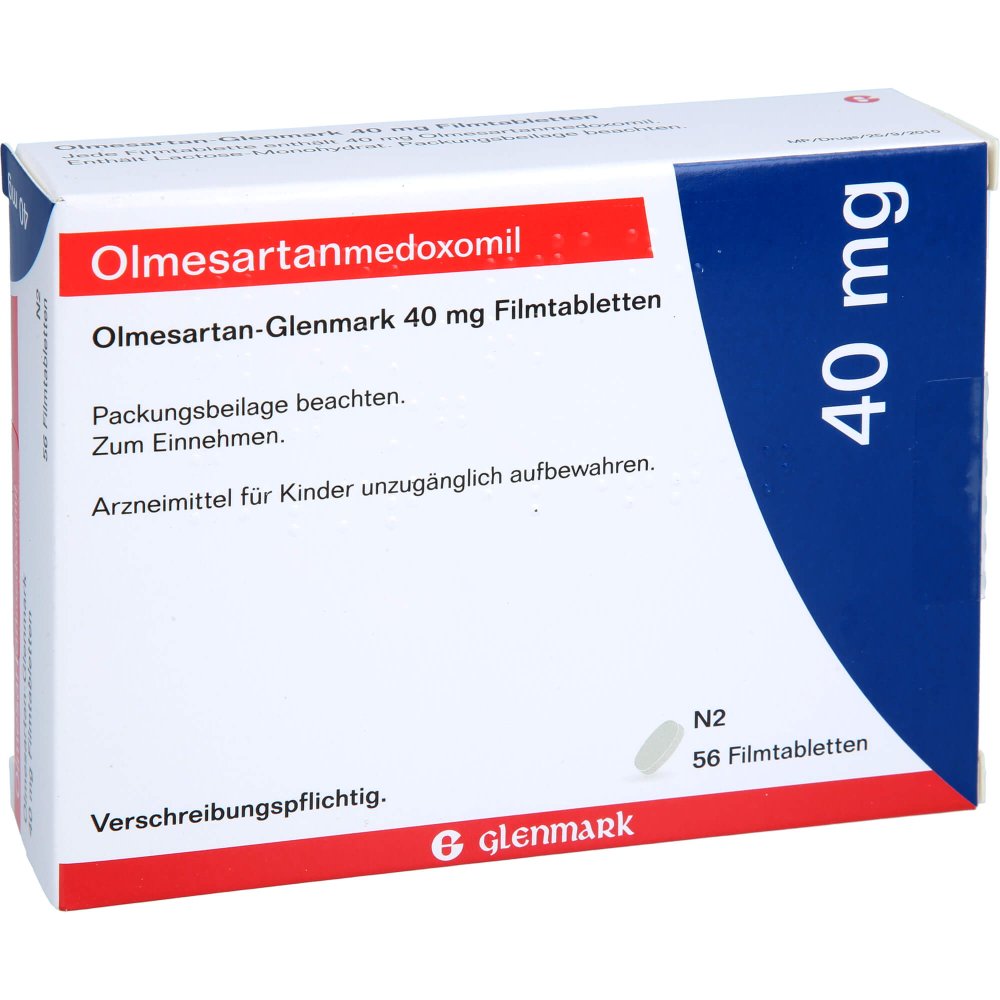 Das Produktfoto zeigt Olmesartan Glenmark 40 Mg Filmtabletten (56 stk) PZN 12360169