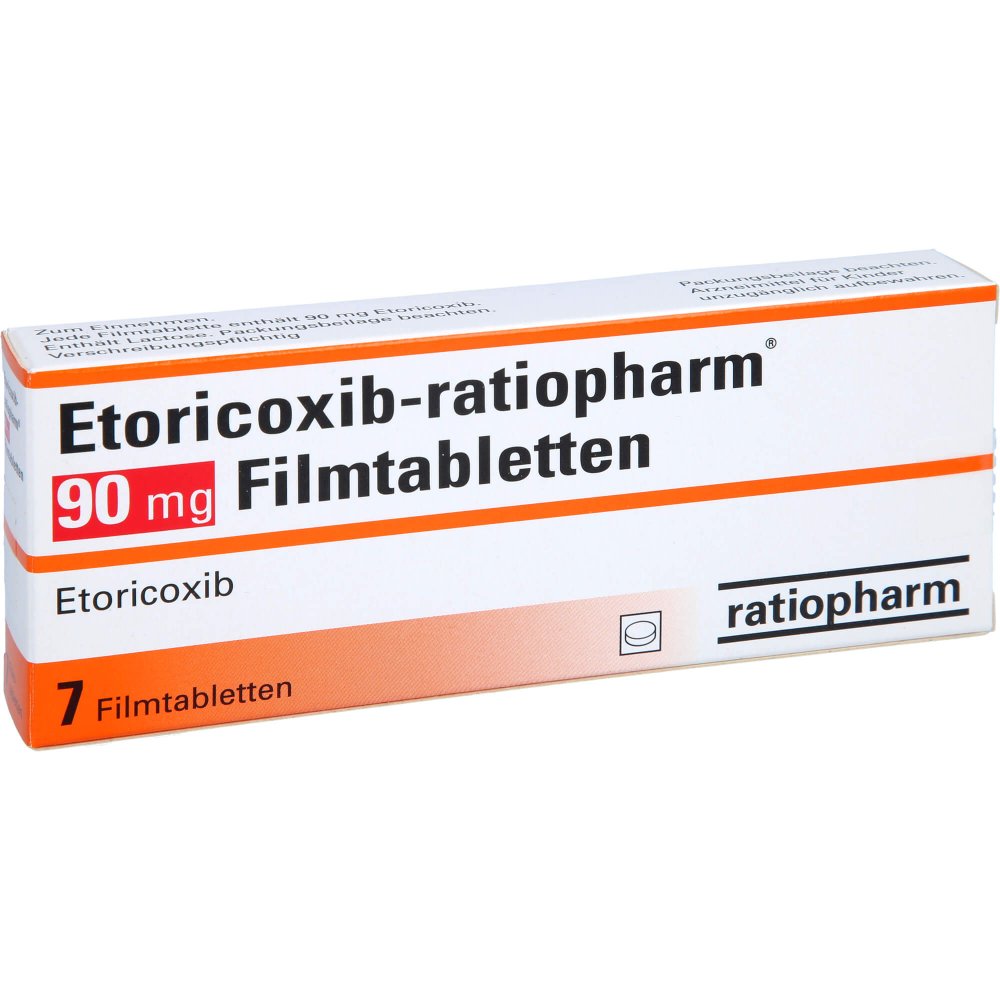 Das Produktfoto zeigt Etoricoxib-Ratiopharm 90 Mg Filmtabletten (7 stk) PZN 12377112