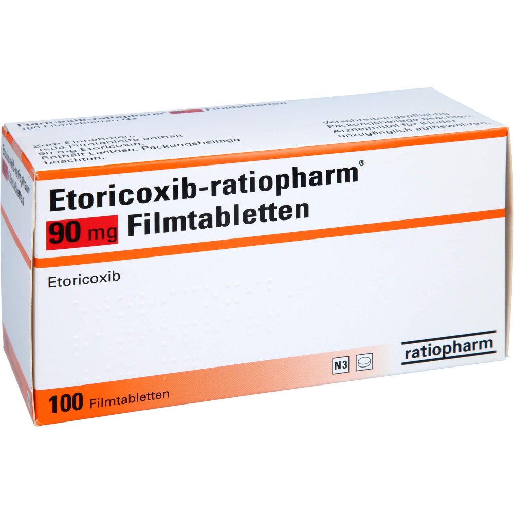Das Produktfoto zeigt Etoricoxib-Ratiopharm 90 Mg Filmtabletten (100 stk) PZN 12377141