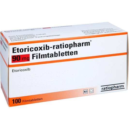 Das Produktfoto zeigt Etoricoxib-Ratiopharm 90 Mg Filmtabletten (100 stk) PZN 12377141