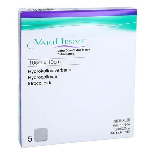 Das Produktfoto zeigt Varihesive Extra Dünn 10x10 Cm Hkv Hydroaktiv (5 stk) PZN 12378927