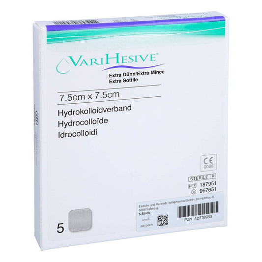 Das Produktfoto zeigt Varihesive Extra Dünn 7,5x7,5 Cm Hkv Hydroaktiv (5 stk) PZN 12378933