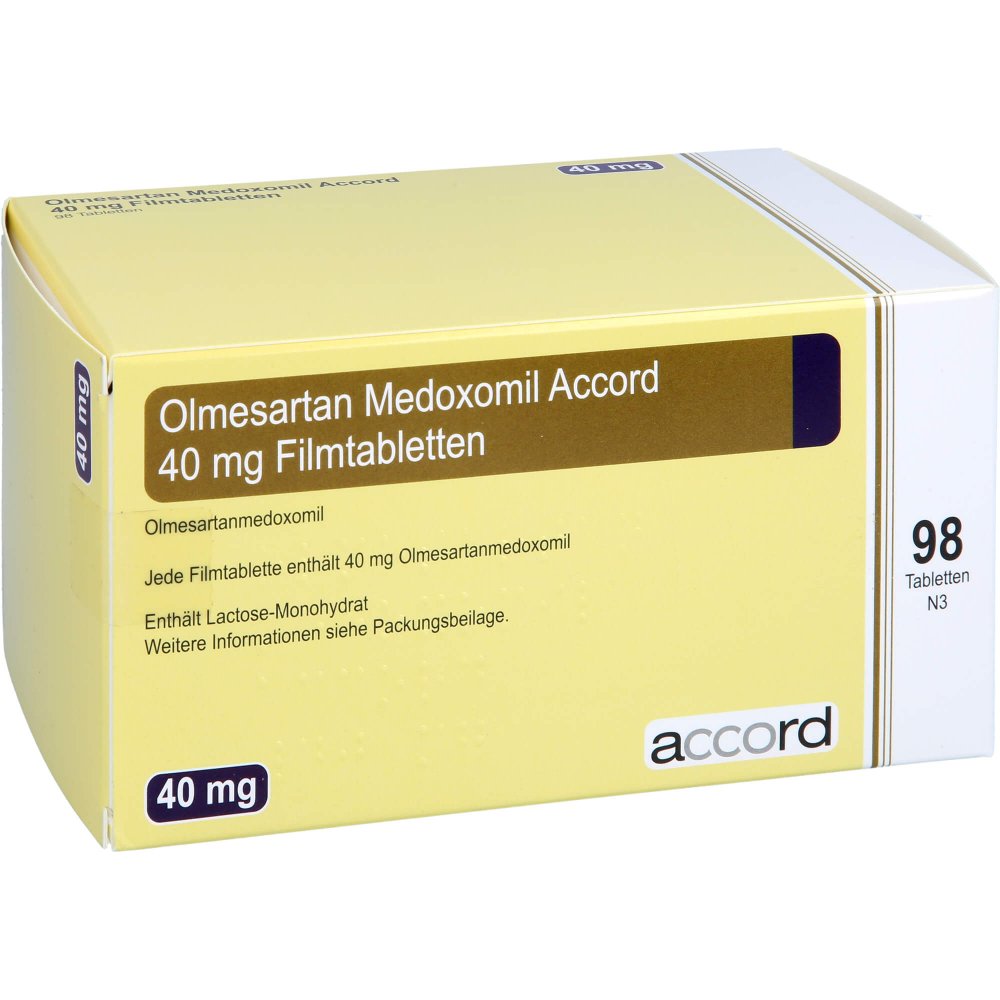 Das Produktfoto zeigt Olmesartan Medoxomil Accord 40 Mg Filmtabletten (98 stk) PZN 12379720