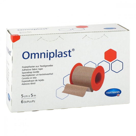 Das Produktfoto zeigt Omniplast Fixierpflaster Textilgew.5 Cmx5 M (6 stk) PZN 12380769