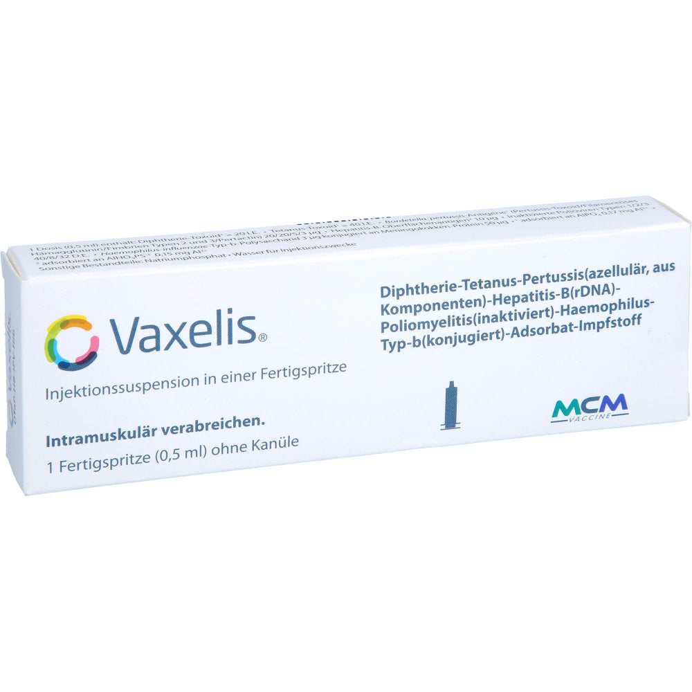 Das Produktfoto zeigt Vaxelis Injektionssuspension In Einer Fertigspr. (0.5 ml) PZN 12386944