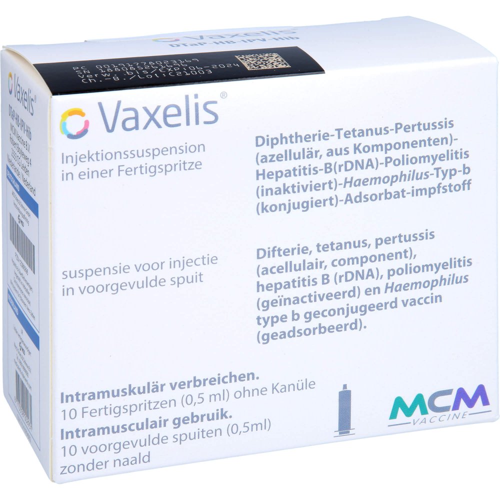 Das Produktfoto zeigt Vaxelis Injektionssuspension In Einer Fertigspr. (10X0.5 ml) PZN 12386996
