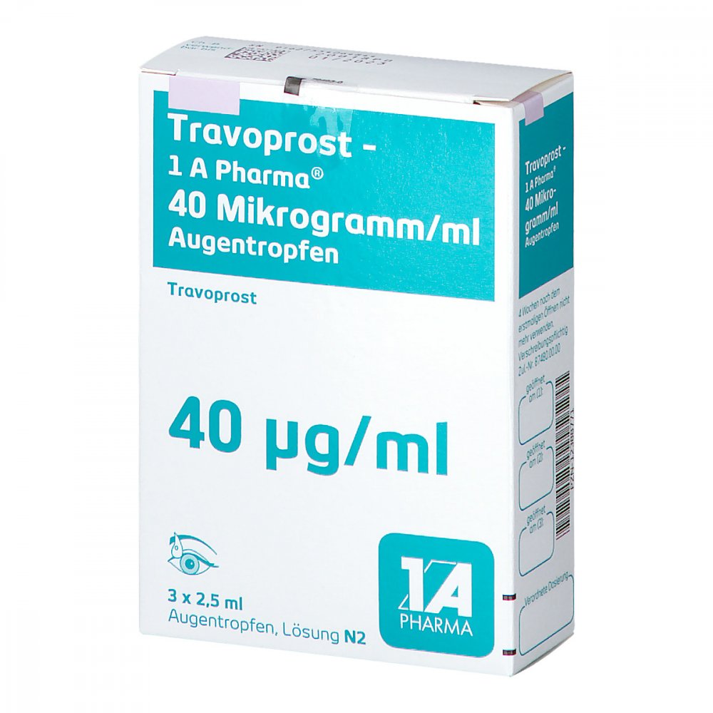Das Produktfoto zeigt Travoprost-1a Pharma 40 Mikrogramm/Ml Augentropfen (3X2.5 ml) PZN 12388771
