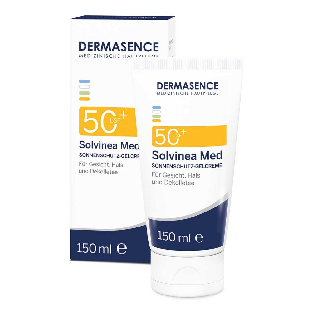 Das Produktfoto zeigt Dermasence Solvineamed Sonnensch.Gelcreme Lsf 50+ (150 ml) PZN 12404984
