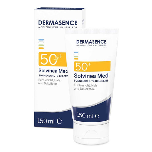Das Produktfoto zeigt Dermasence Solvineamed Sonnensch.Gelcreme Lsf 50+ (150 ml) PZN 12404984