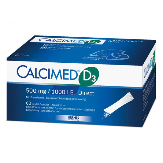 Das Produktfoto zeigt Calcimed D3 500 Mg/1000 I.E. Direct Granulat (60 stk) PZN 12414066