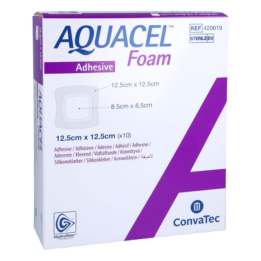 Das Produktfoto zeigt Aquacel Foam Adhäsiv 12,5x12,5 Cm Verband (10 stk) PZN 12419655