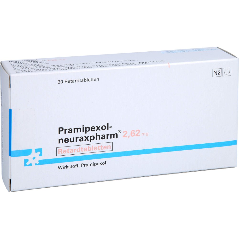 Das Produktfoto zeigt Pramipexol-Neuraxpharm 2,62 Mg Retardtabletten (30 stk) PZN 12420003