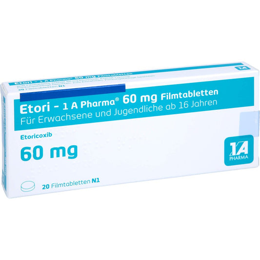 Das Produktfoto zeigt Etori-1a Pharma 60 Mg Filmtabletten (20 stk) PZN 12422189