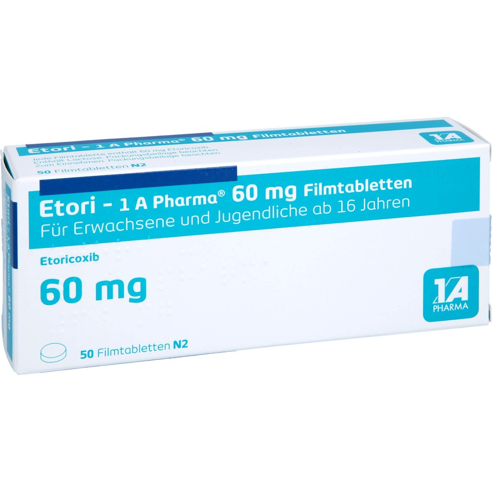 Das Produktfoto zeigt Etori-1a Pharma 60 Mg Filmtabletten (50 stk) PZN 12422195