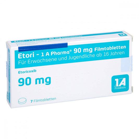 Das Produktfoto zeigt Etori-1a Pharma 90 Mg Filmtabletten (7 stk) PZN 12422232